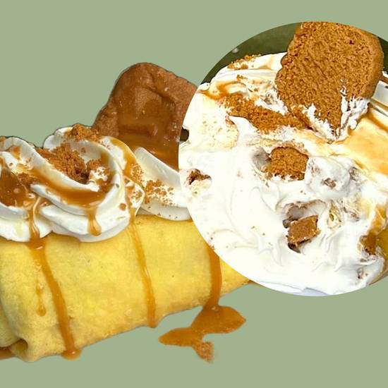 Crushed Biscoff cookies, light cream, cookie butter syrup